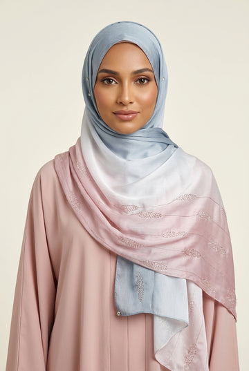 Ombre Crystal Veil-Hijab (Silver Grey - Pink)