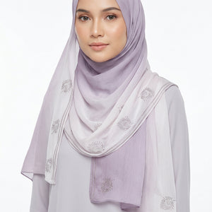 Light purple and white scarf with floral embroidery on a white background