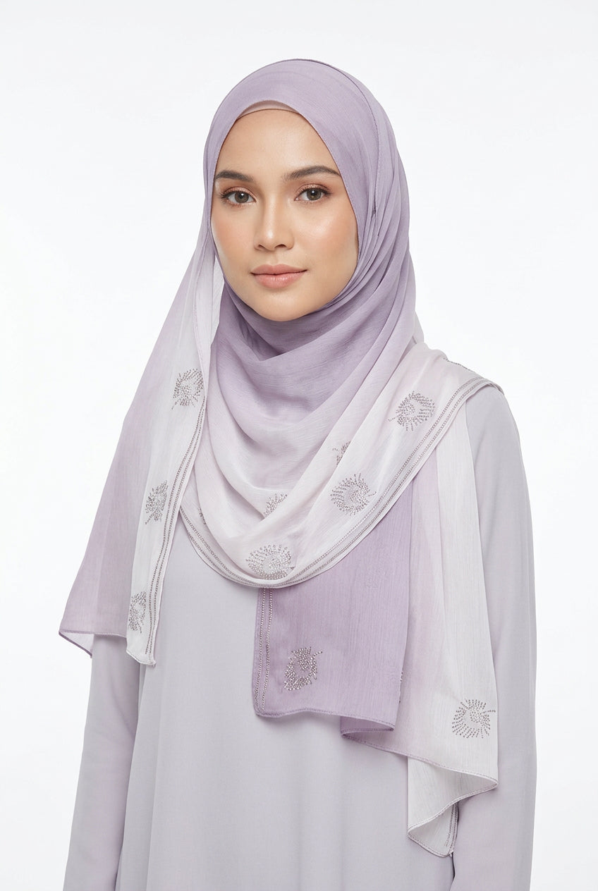 Light purple and white scarf with floral embroidery on a white background