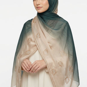 Two scarves, one black and one beige with floral patterns, draped over a white background.