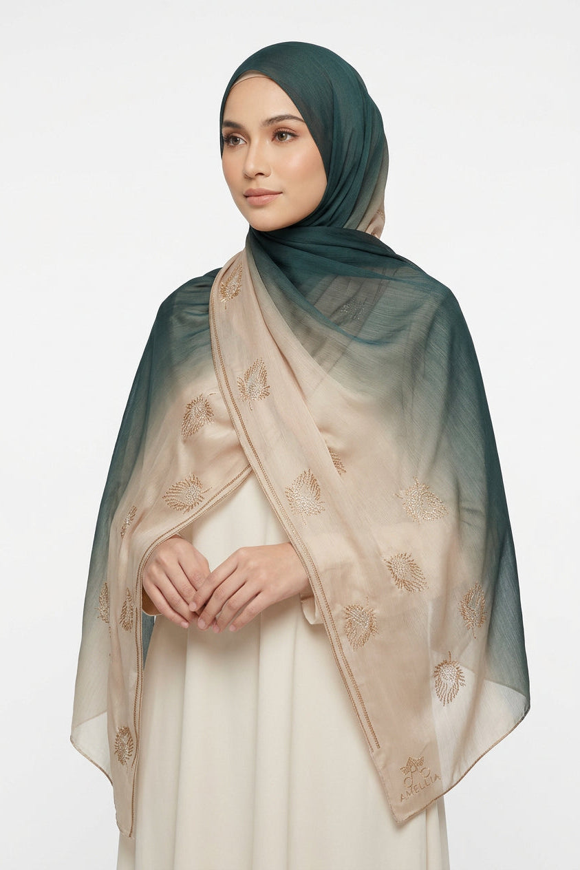 Two scarves, one black and one beige with floral patterns, draped over a white background.