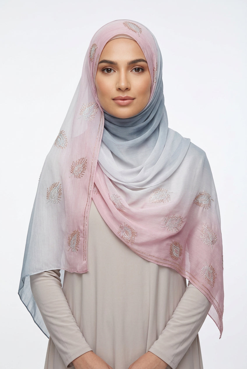 Ombre Crystal Veil-Hijab (Silver Pink)