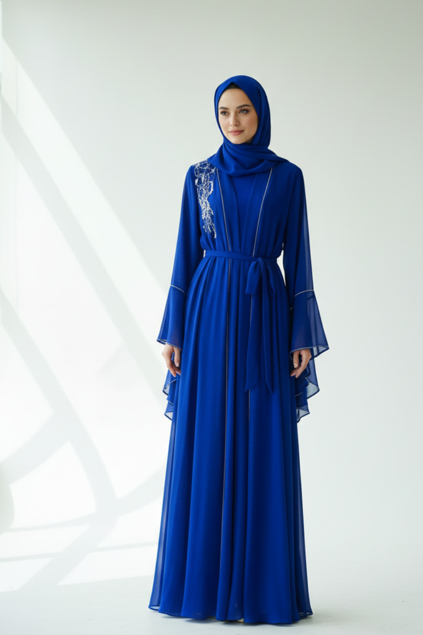 Royal Blue Premium Chiffon 3‑Piece Abaya/Bisht Set