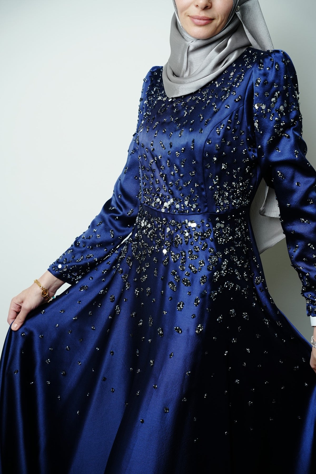 Midnight Hand-Beaded Satin Gown