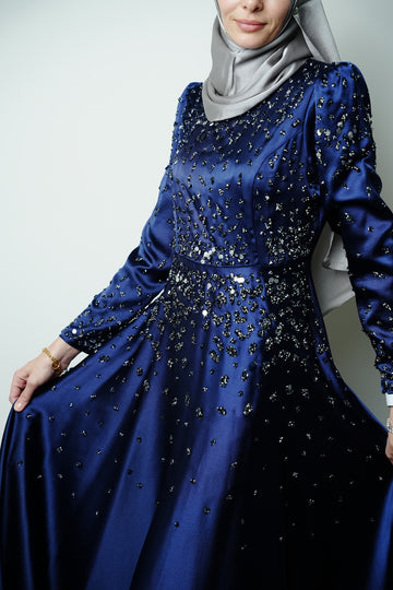 Midnight Hand-Beaded Satin Gown