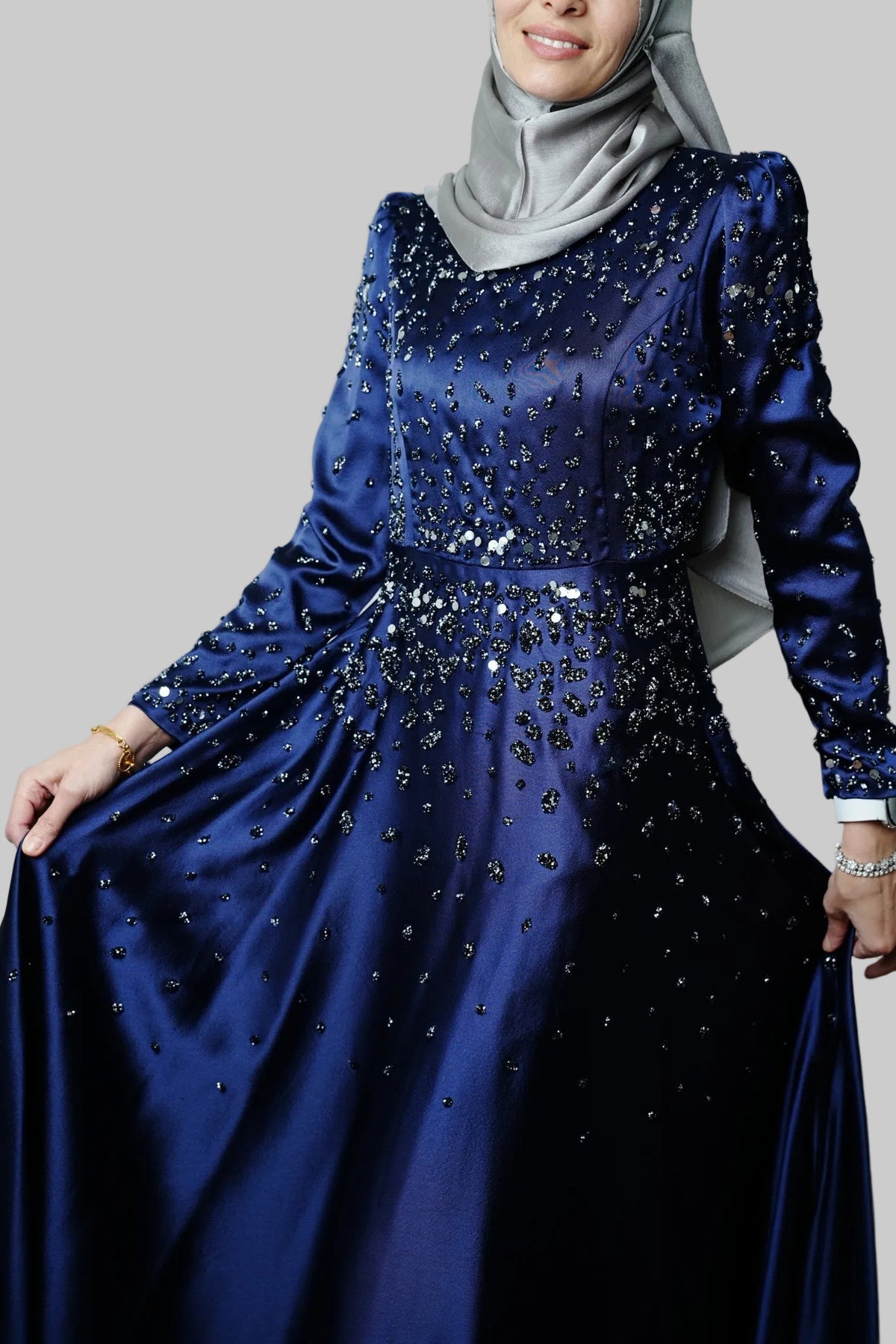 Midnight Hand-Beaded Satin Gown