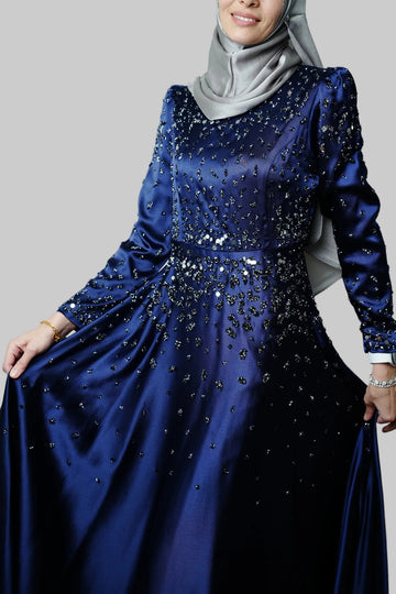Midnight Hand-Beaded Satin Gown