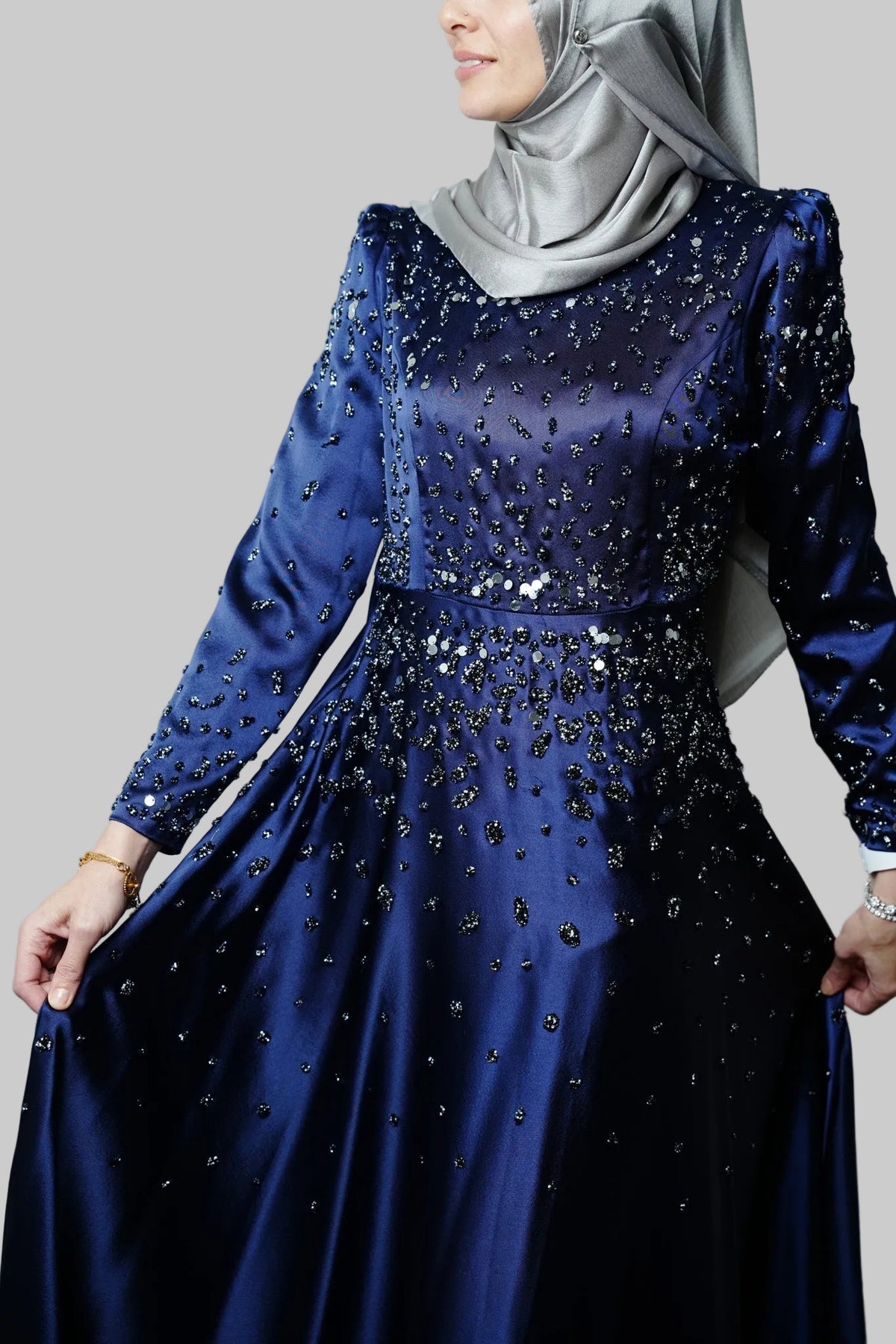 Midnight Hand-Beaded Satin Gown