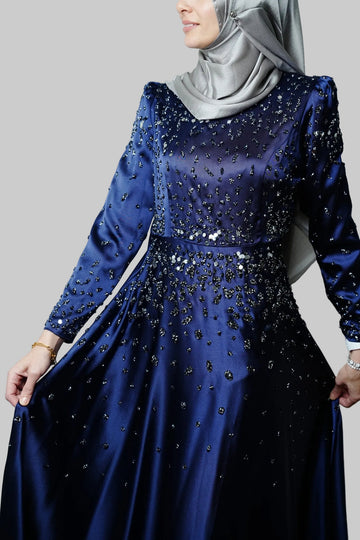 Midnight Hand-Beaded Satin Gown