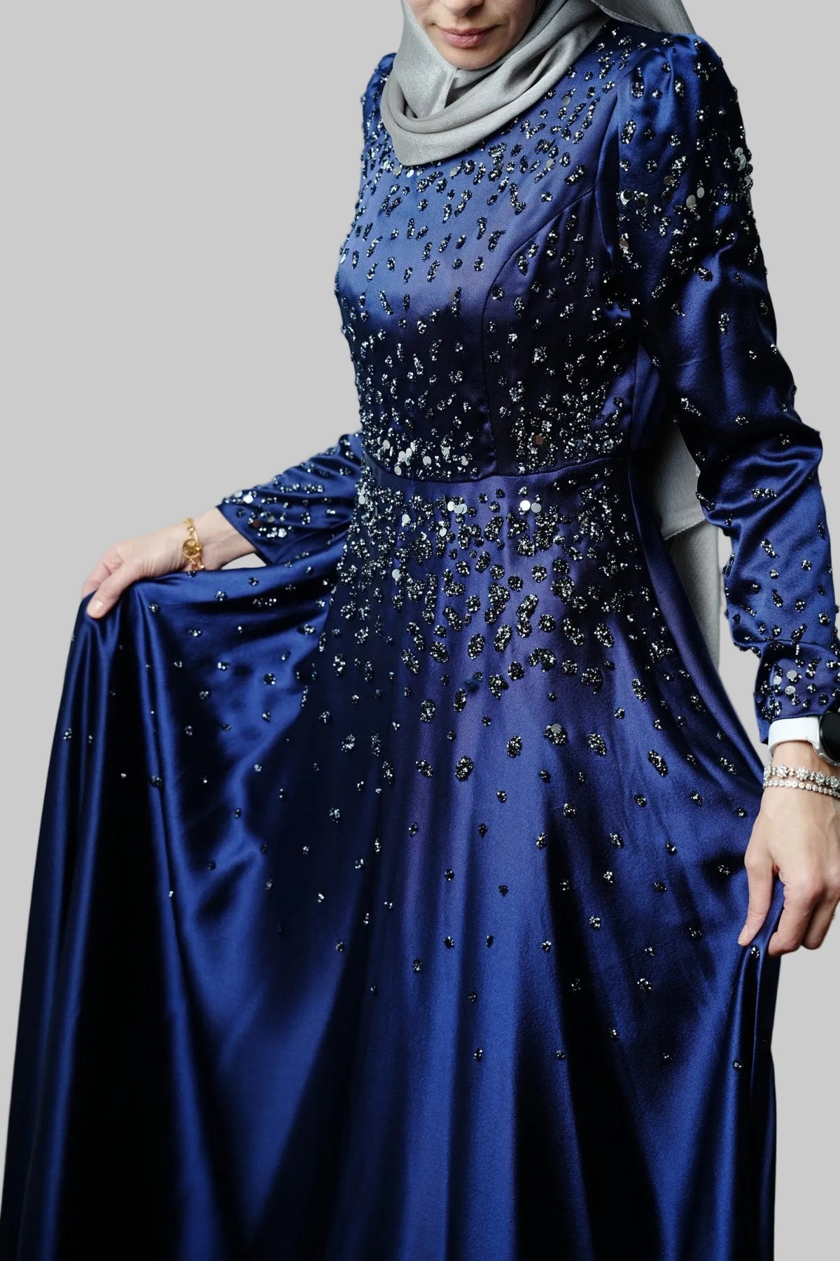 Midnight Hand-Beaded Satin Gown