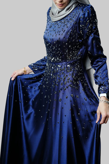 Midnight Hand-Beaded Satin Gown