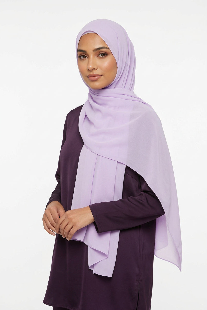 Lavender hijab with a brand name on a white background
