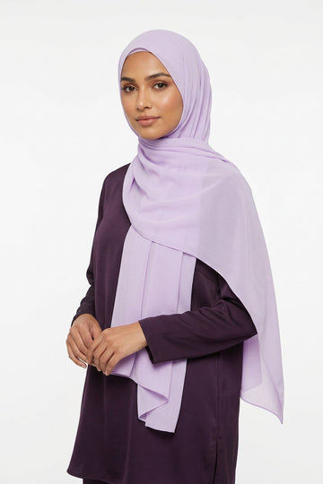 Lavender hijab with a brand name on a white background