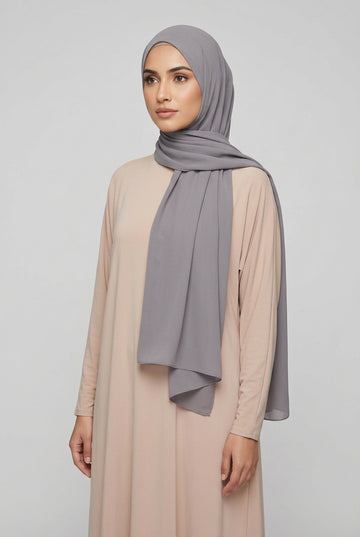 Gray scarf on a white background with 'AMELEEN' branding.