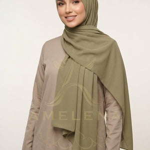 Beige scarf on a white background with 'AMELENA' branding.