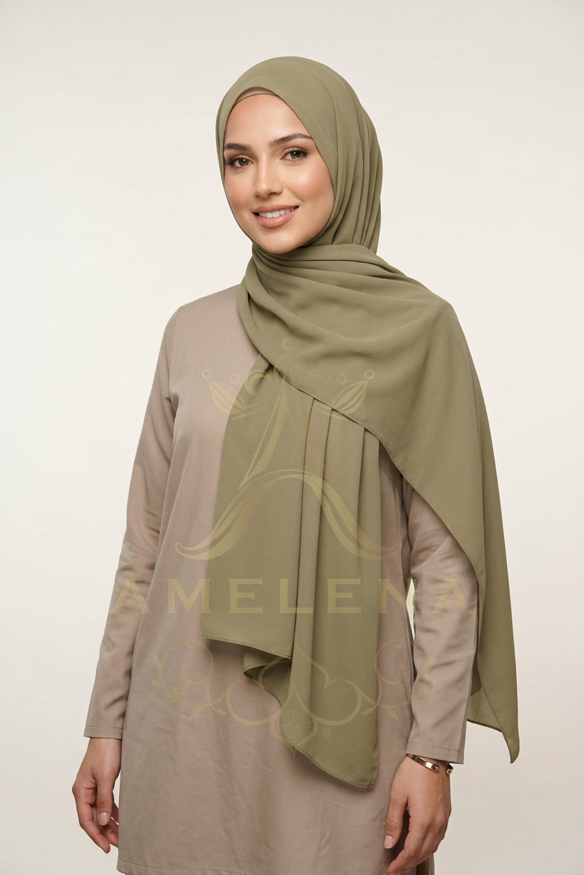 Beige scarf on a white background with 'AMELENA' branding.