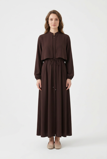 Dark brown Celeste Overlay Dress on a model