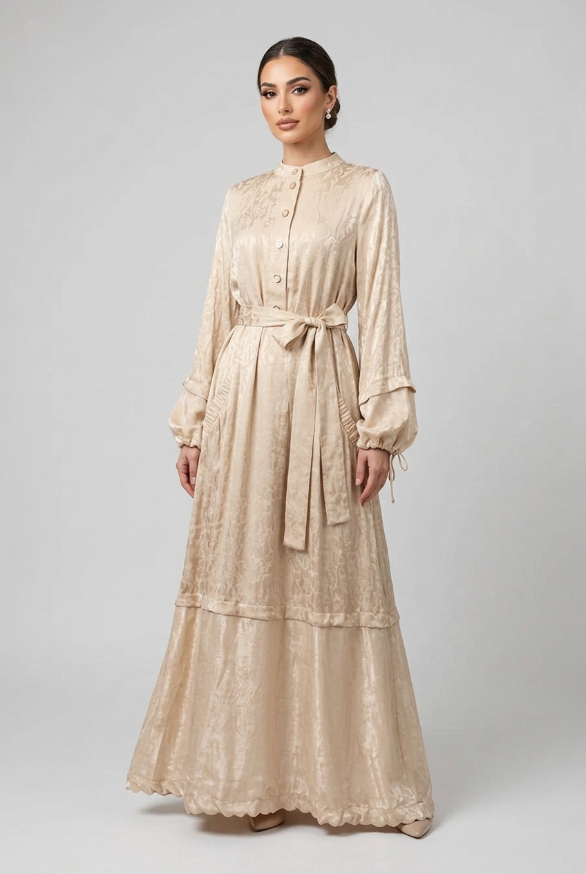 Elara Maxi Dress on a mannequin in champagne