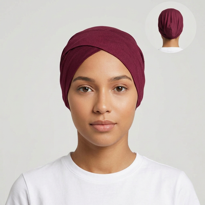 Model in a white shirt wearing the wine fully closed back bonnet, front view with back view inset in the top corner