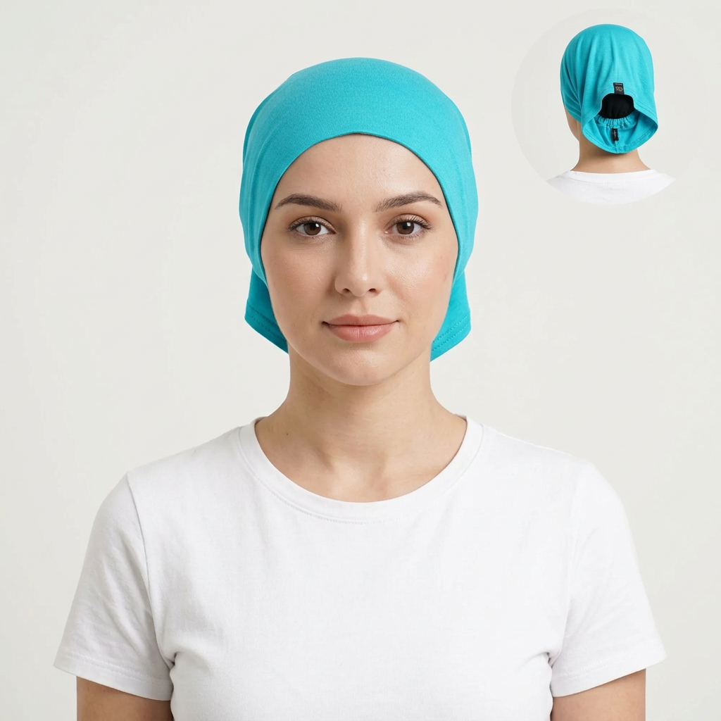 Model wearing aqua blue open back bonnet, generating