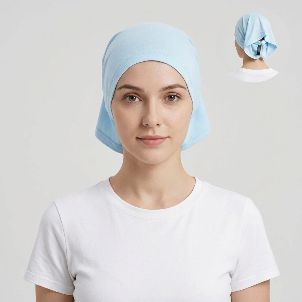 Model wearing baby blue open back bonnet, generating