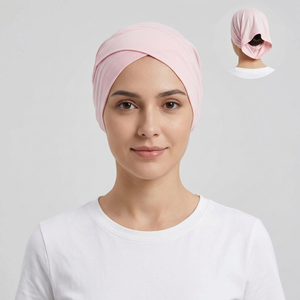 Model wearing baby pink open back bonnet, generating
