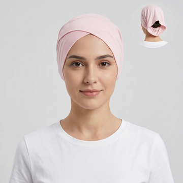 Model wearing baby pink open back bonnet, generating