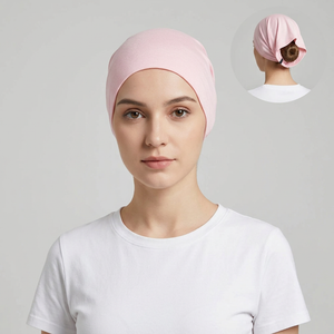 Model wearing baby pink open back bonnet, generating