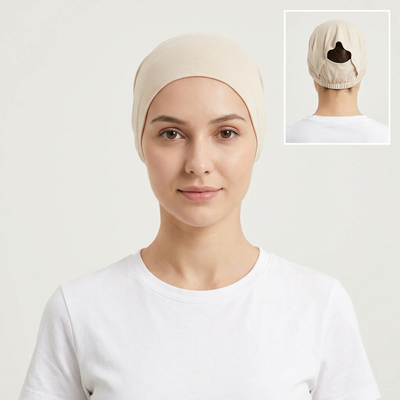 Model wearing beige bonnet, generating