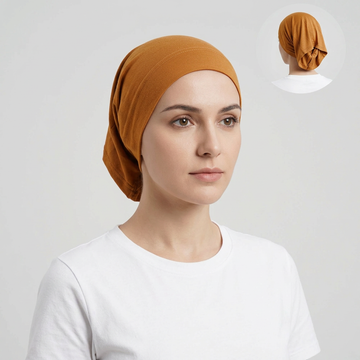 Model wearing camel orange bonnet, generating