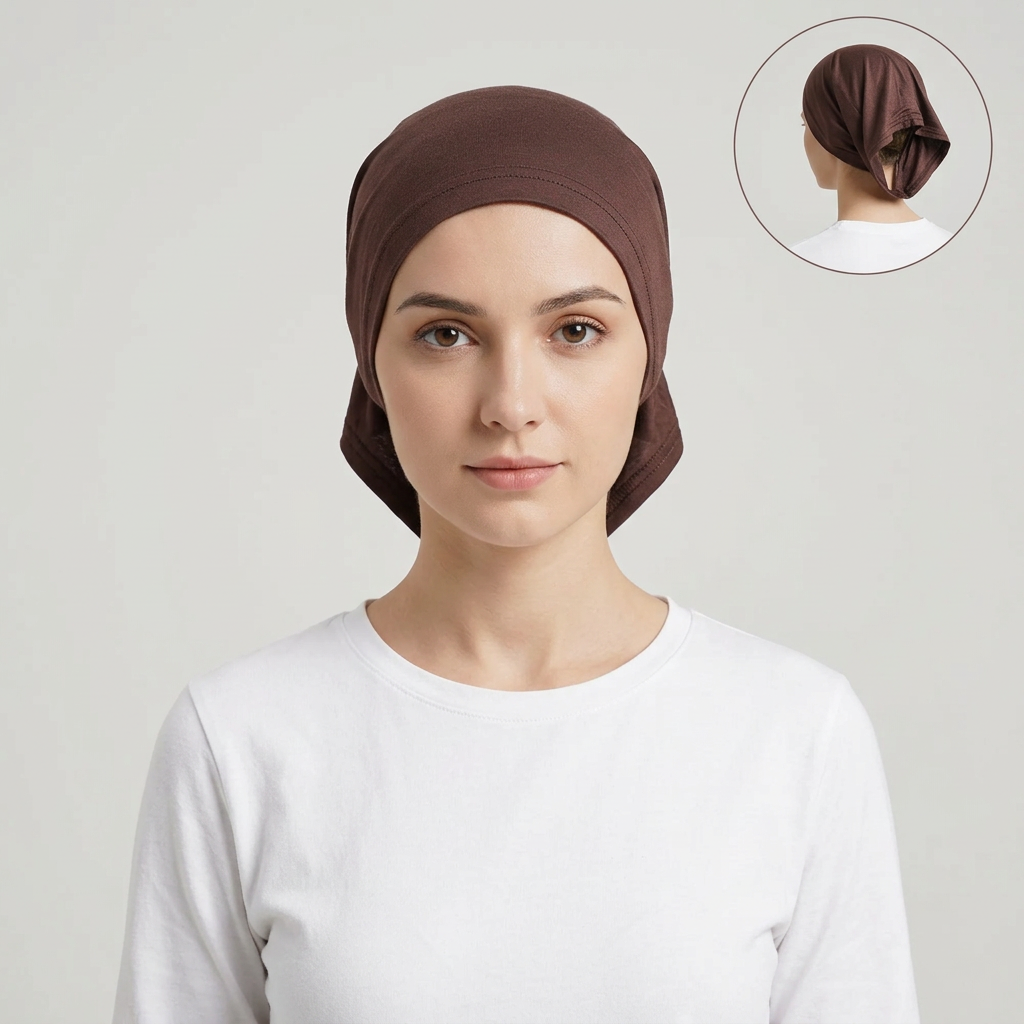 Model wearing chocolate brown open back bonnet, generating