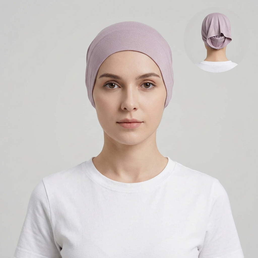 Model wearing cool mauve bonnet, generating