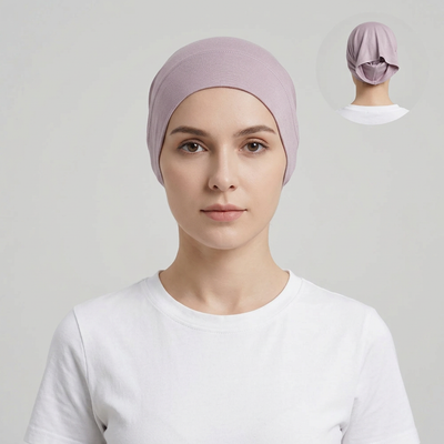 Model wearing cool mauve bonnet, generating