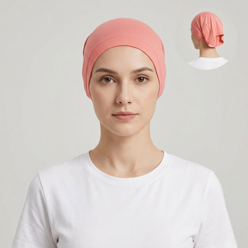 Model wearing coral bonnet, generating