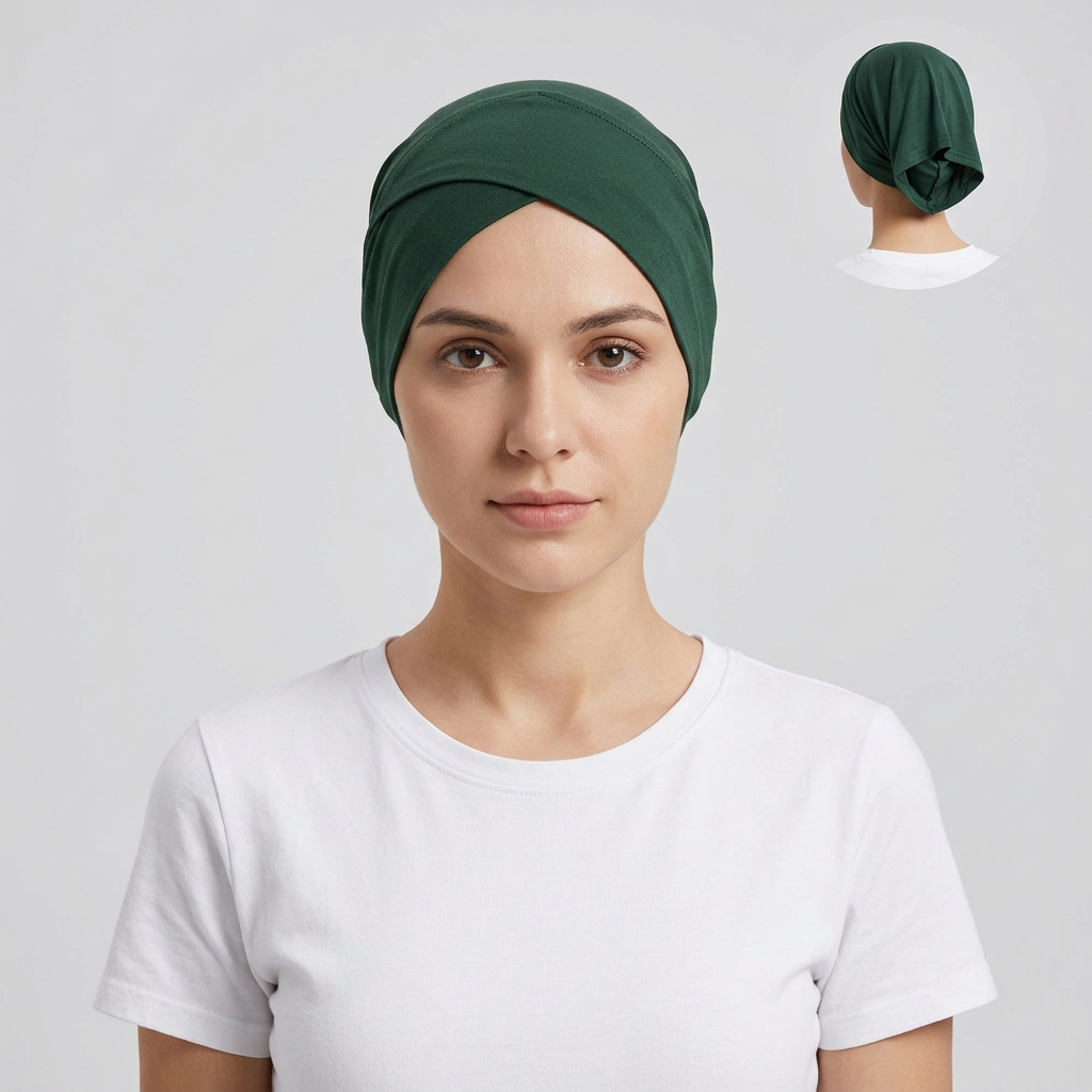 Model wearing dark green bonnet, generating