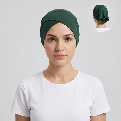 Model wearing dark green bonnet, generating