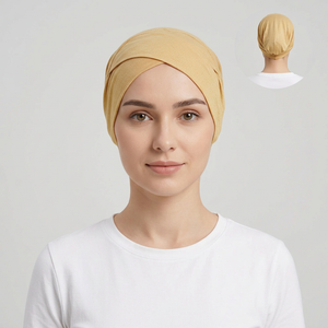 Model wearing light gold bonnet, generating