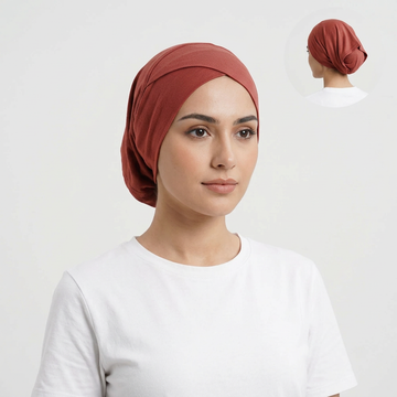 Model wearing rust bonnet, generating