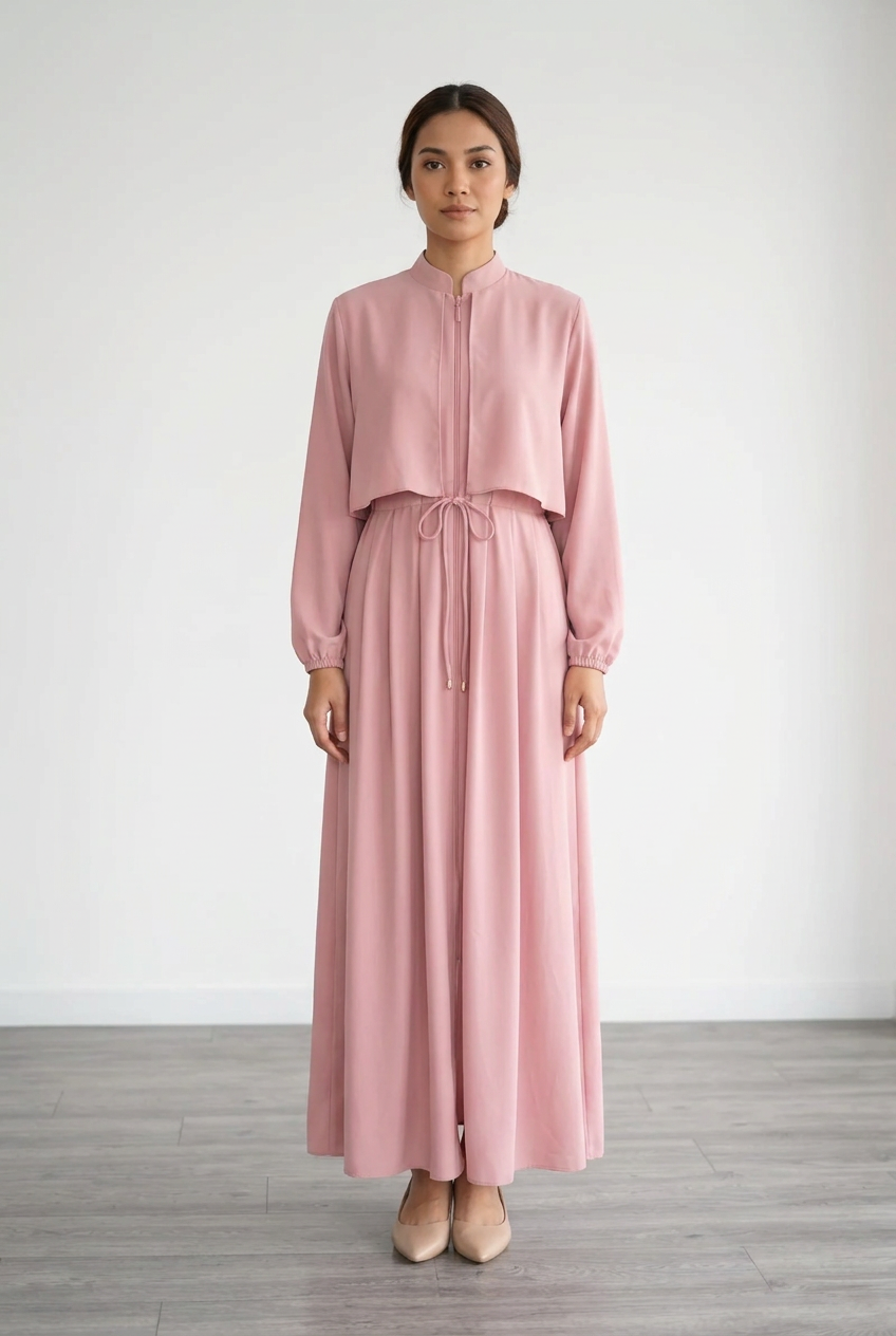 Model wearing the dusty-pink dress