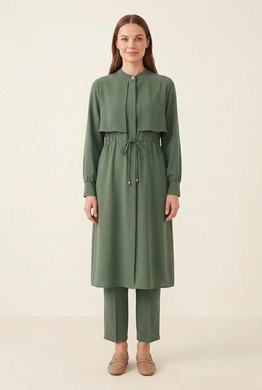 Sage green two-piece set on a model