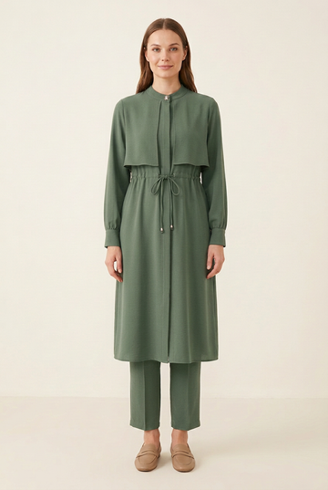 Sage green two-piece set on a model
