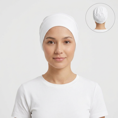 White bonnet on model with back view inset in top corner, generating